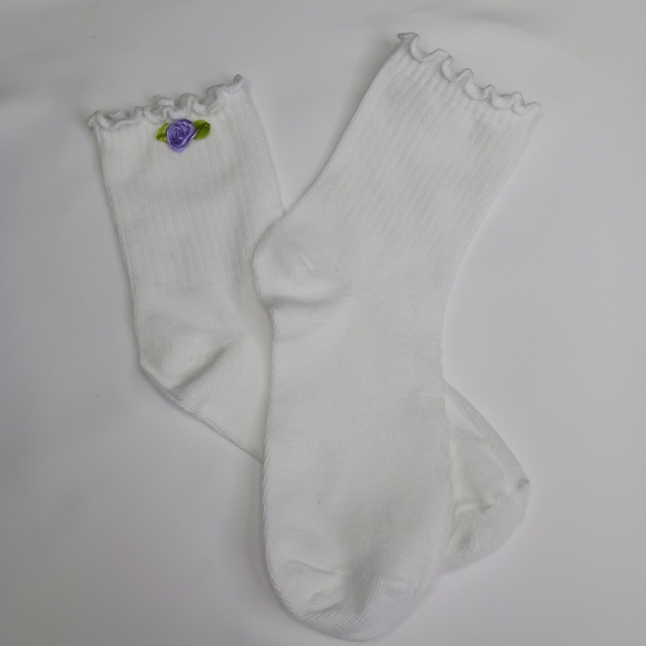 White Lettuce Ruffle Crew Cut Socks with Satin Purple Rose. - Picture 2 of 3
